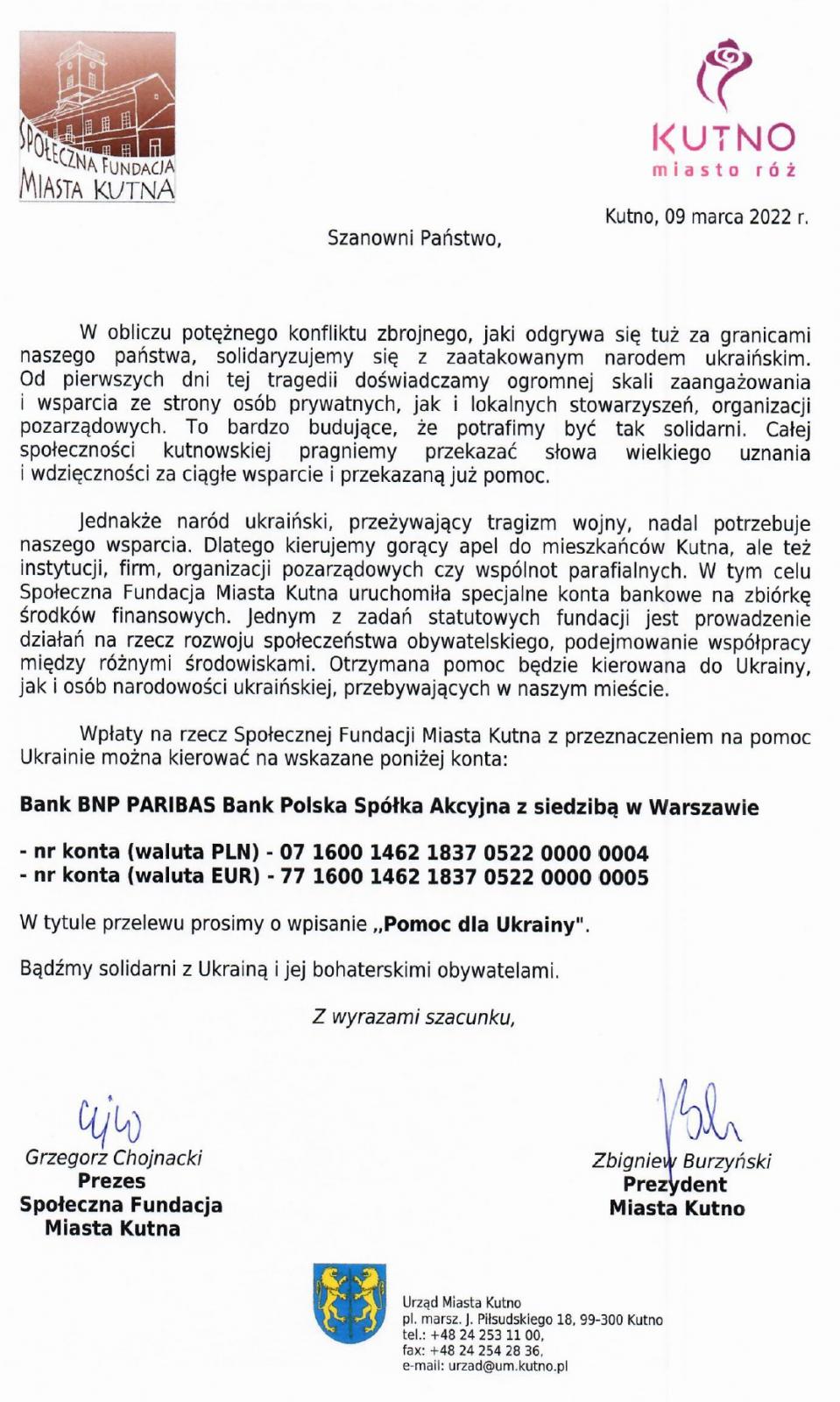 Apel Prezydenta Kutna i Społecznej Fundacji Miasta Kutna