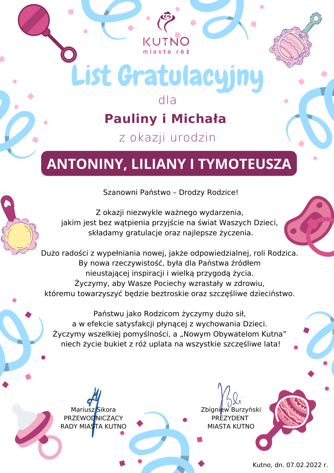 Dyplom z gratulacjami dla rodziców z okazji narodzin trojaczków